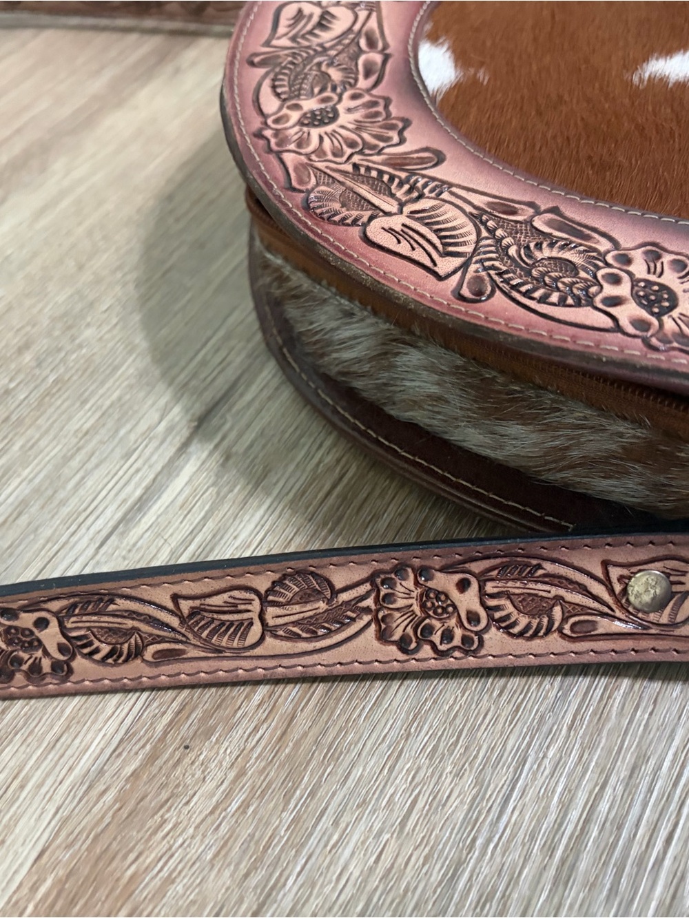 Myra Bag Round Tooled Leather Crossbody in Brown and White - Picture 3 of 6